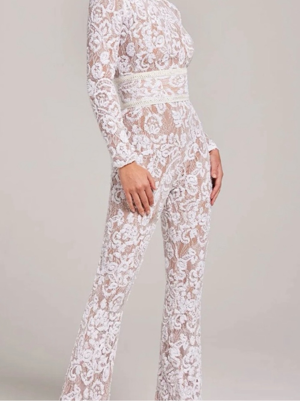 NADINE MERABI Ivory Sheer Lace Long-Sleeve Jumpsuit